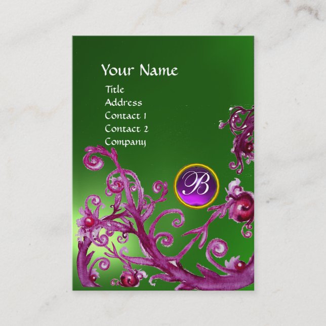 Cartão De Visita MAGIC BERRIES MONOGRAM GEM emerald verde roxo (Frente)