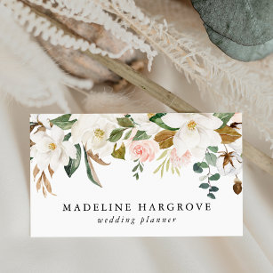 Cartão De Visita Magnias brancas de aquarela e Floral embebido
