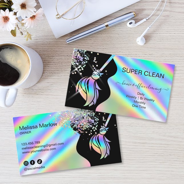 Cartão De Visita Maid Cleaning House Sparkling Holograph Business C (Maid Cleaning House Sparkling Business Card with holographic broom logo, glitter and water splash)