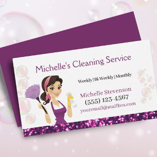 Cartão De Visita Maid House Clearing Service Purple Glitter