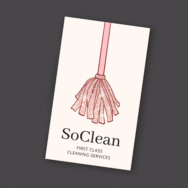 Cartão De Visita Maid HouseKeeping Services Rosa Glitter Mop Dourad (Criador carregado)