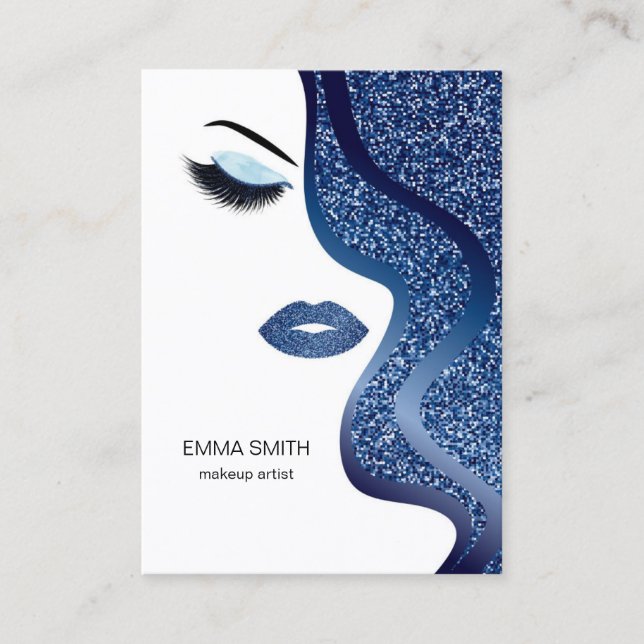 Cartão De Visita Makeup Artist Beauty Salon Dark Blue Glitter (Frente)