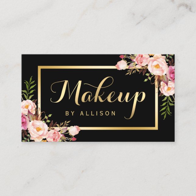 Cartão De Visita Makeup Artist Black Dourado Script Floral Wrap (Frente)