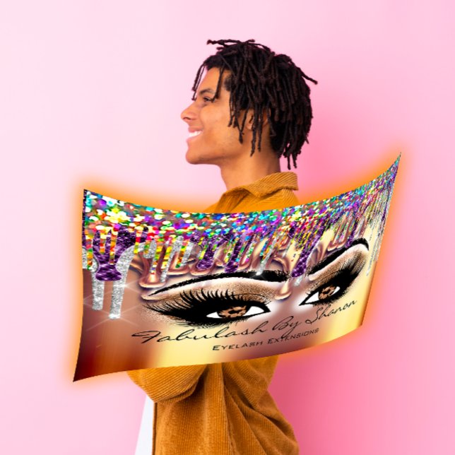 Cartão De Visita Makeup Artist Brown Eyelash Drives Dourados Hologr (Makeup Artist Brown Eyelash Gold Drips Holographic Business Card)