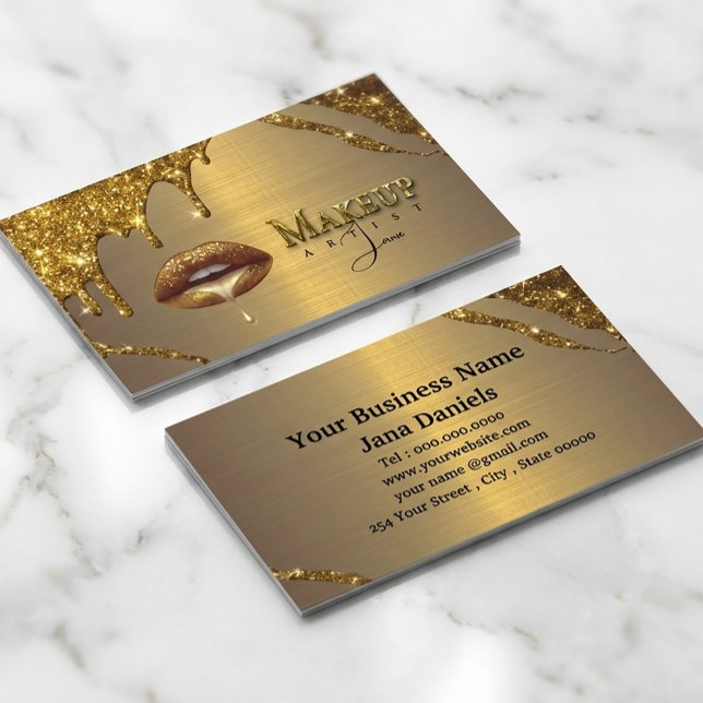 Cartão De Visita Makeup Artist Com Dourados Lábios De Drill (#makeupartistcard#goldbusinesscard#glitterdesign#luxurybusinesscard#makeupbrand#beautybranding
)