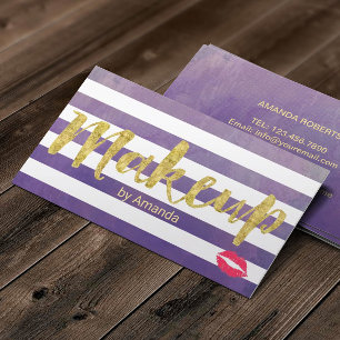 Cartão De Visita Makeup Artist Dourado Script Classy Purple Stripes