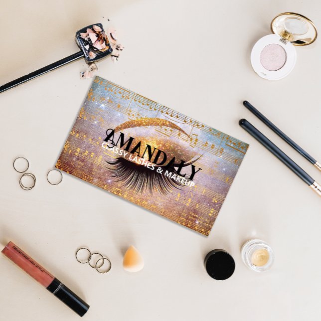 Cartão De Visita Makeup Artist Eyelash QR LOGO Notas de Música Dour (Makeup Artist Eyelash QR LOGO Gold Music Notes Business Card)