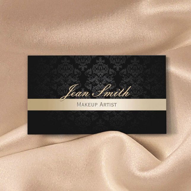 Cartão De Visita Makeup Artist Hair Salon Dourado Black Damask (Criador carregado)