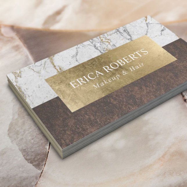 Cartão De Visita Makeup Artist Hair Salon Dourado Leaf Marble & Cop (Criador carregado)