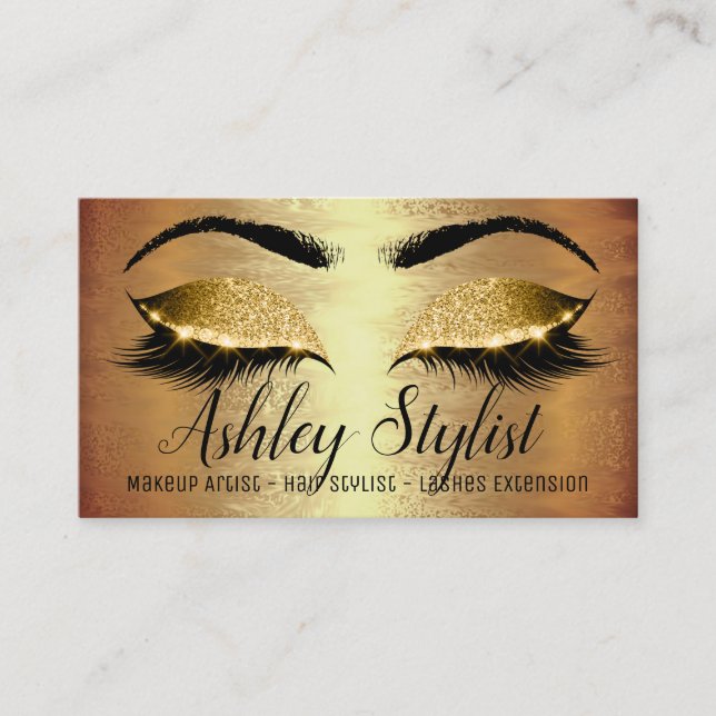 Cartão De Visita Makeup Artist Hair Salon Lash Extension Dourada Lu (Frente)