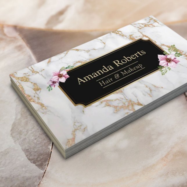 Cartão De Visita Makeup Artist Hair Salon Moderno Dourado Marble (Criador carregado)