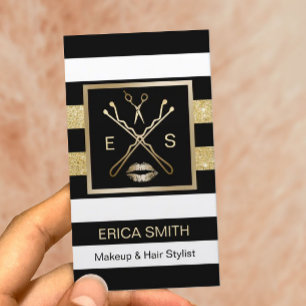 Cartão De Visita Makeup Artist Hair Stylist Black & Dourado Stripes