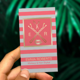 Cartão De Visita Makeup Artist Hair Stylist Coral & Cinzas Stripes