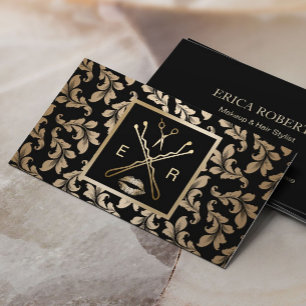 Cartão De Visita Makeup Artist Hair Stylist Luxury Dourada Damask