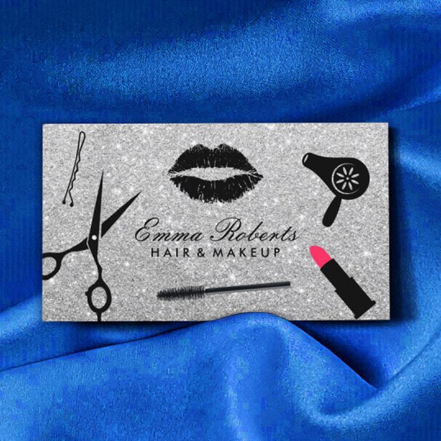 Cartão De Visita Makeup Artist & Hair Stylist Modern Silver Glitter (Criador carregado)