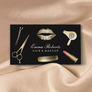 Cartão De Visita Makeup Artist Hair Stylist Moderno Preto e Dourado