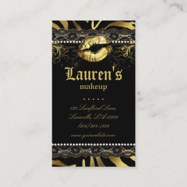 Cartão De Visita Makeup Artist Lábios N Lace Dourado Zebra Moderna (Frente)