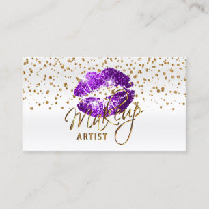 Cartão De Visita Makeup Artist Ouro Confetti e Lábios Roxos