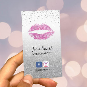 Cartão De Visita Makeup Artist Pink Lábios Chic Silver Glitter Salo