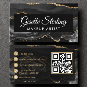 Cartão De Visita Makeup Artist QR Code Black Dourado Agate Luxury