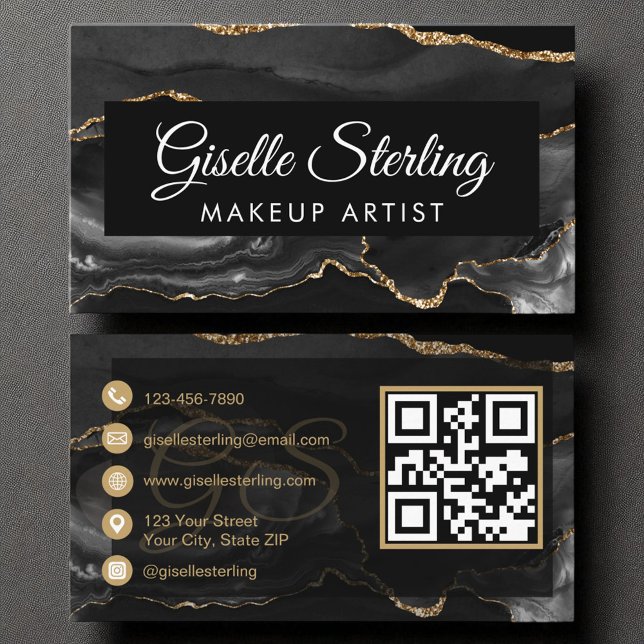 Cartão De Visita Makeup Artist QR Code Black Dourado Agate Luxury (Criador carregado)