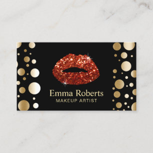 Cartão De Visita Makeup Artist Red Glitter Lábios Modernos Dourados