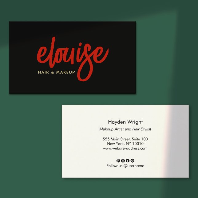 Cartão De Visita Makeup Artist Red Script on Black Business (Criador carregado)