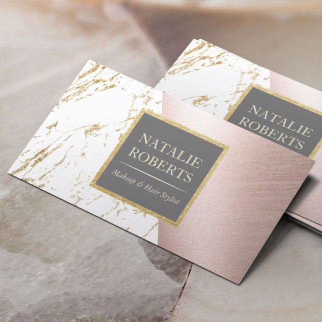 Cartão De Visita Makeup Artist Rosa Dourado Modern Marble Hair Styl (Criador carregado)