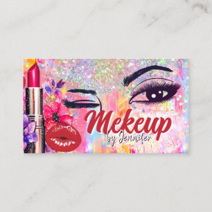 Cartão De Visita Makeup Artist Salon Holographic Glitter Red Lábios