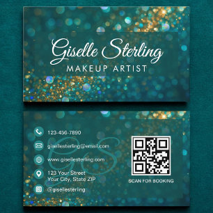 Cartão De Visita Makeup Artist Teal Dourado Glitter Opal Código QR