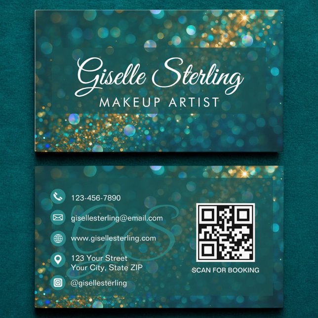 Cartão De Visita Makeup Artist Teal Dourado Glitter Opal Código QR (Criador carregado)