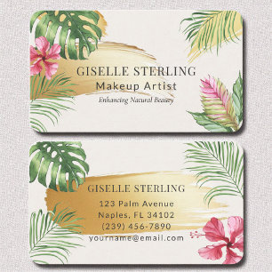 Cartão De Visita Makeup Artist Tropical Dourada Brushing Watercolor