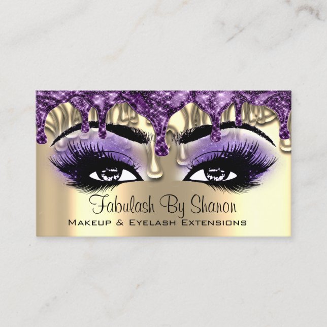 Cartão De Visita Makeup Artista Dourado Roxo Coloca Lashes Olhos (Frente)