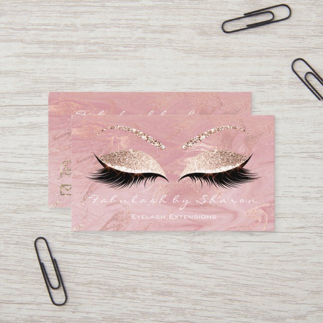 Cartão De Visita Makeup Eyebrow Lash Extension Glitter Marble Pink (Frente/Verso In Situ)