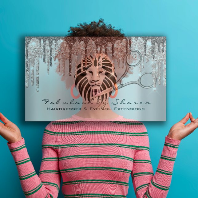 Cartão De Visita Makeup Eyelash Hairdresser Tesoura Rosa Lion (Makeup Eyelash Hairdresser Scissors Rose Drip Lion Business Card)