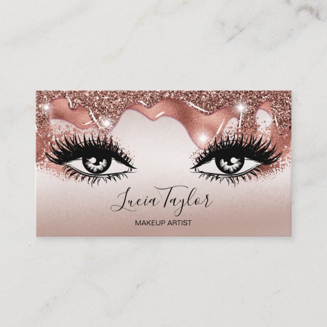 Cartão De Visita Makeup Lashes Glitter Dourado Rosa (Frente)