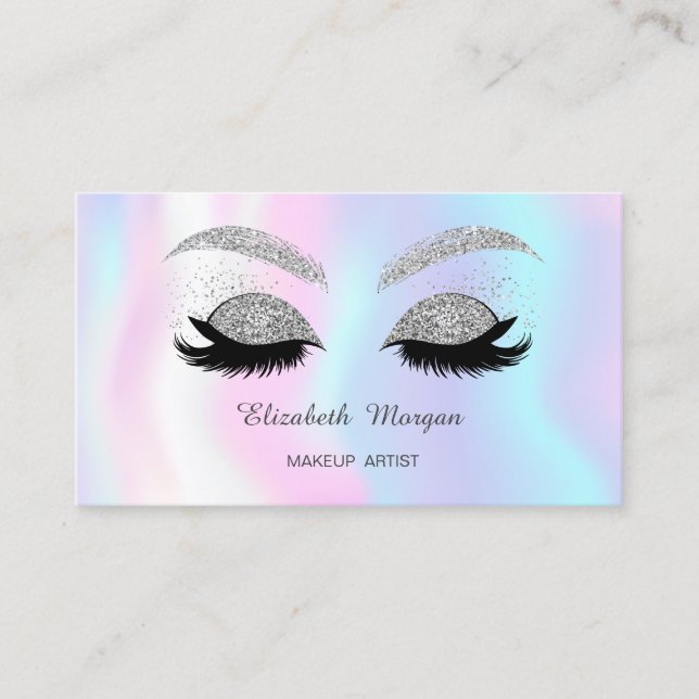 Cartão De Visita Makeup Silver Glitter Faux Lashes Holographic (Frente)