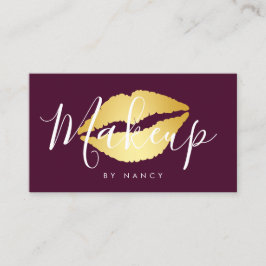 Cartão De Visita Makeup Typografia Burgundy E Lábios Dourados