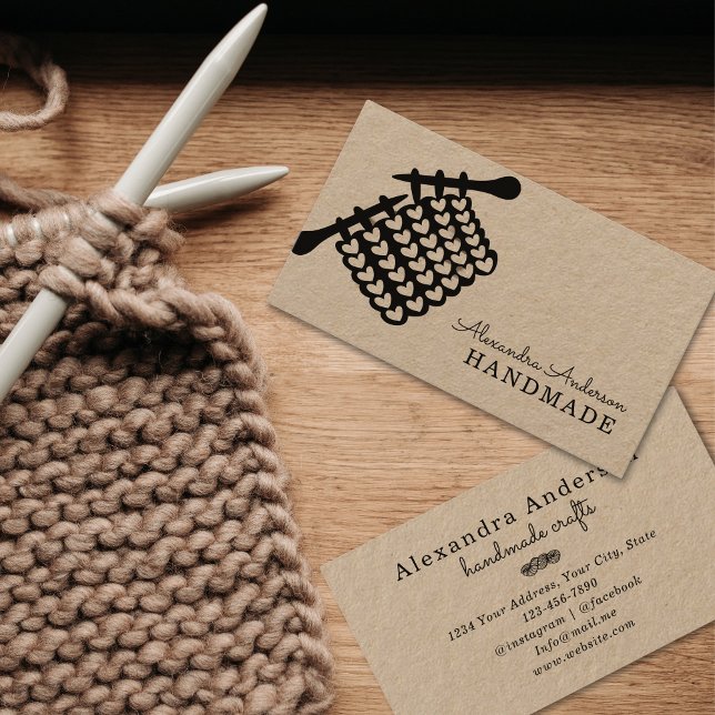 Cartão De Visita Malha e Agulhas feitas à mão (Knitting Handmade Needles and Mesh Kraft Business Card)