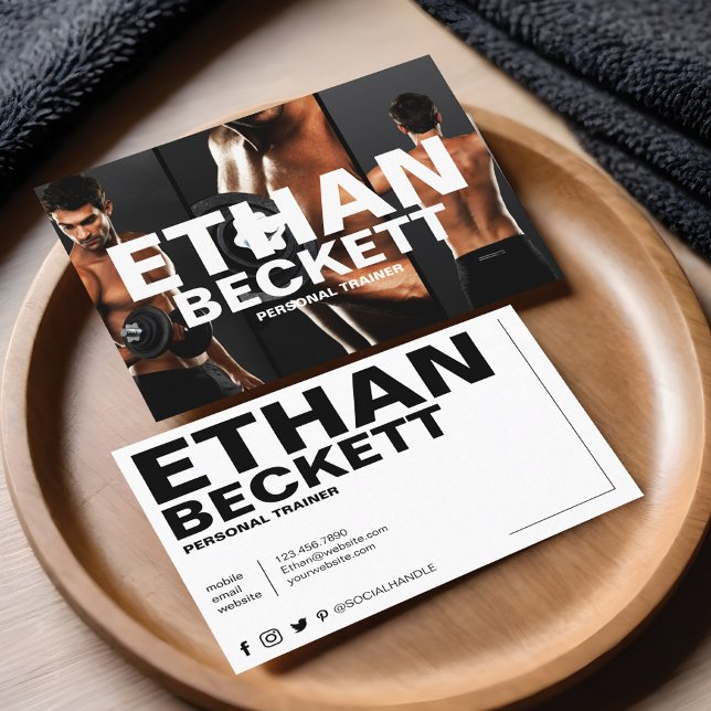 Cartão De Visita Malhação 3 do Treinador Pessoal Moderno e Trendy (Modern & Trendy Personal Trainer Fitness 3 Photo Business Card)