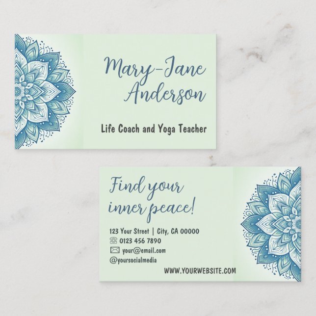 Cartão De Visita Mandala Floral Design Yoga Studio Pastel Mint Teal (Frente/Verso)