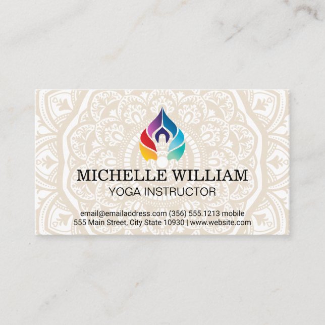 Cartão De Visita Mandala Pattern | Logotipo Yoga da cor arco-íris (Frente)