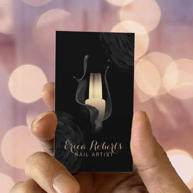 Cartão De Visita Manicurista de Nail Salon Modern Black Floral Dour (Criador carregado)
