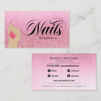 Cartão De Visita Manicurista de Nail Tech Rosa Red Glam Glitter Sal