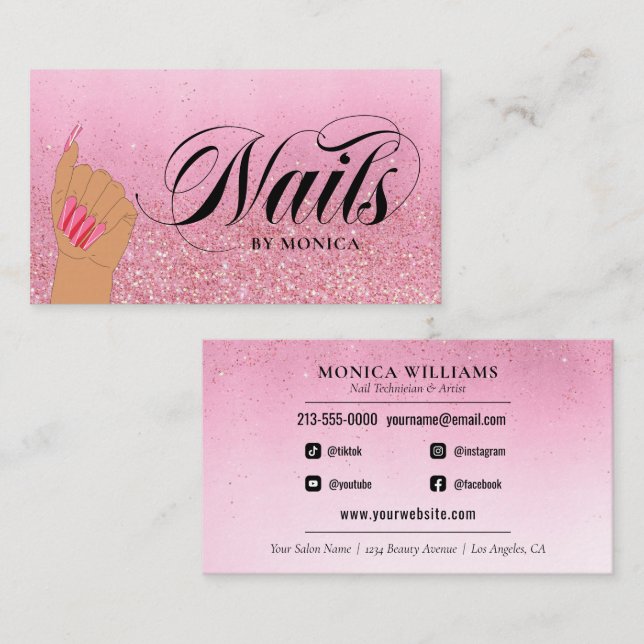 Cartão De Visita Manicurista de Nail Tech Rosa Red Glam Glitter Sal (Frente/Verso)