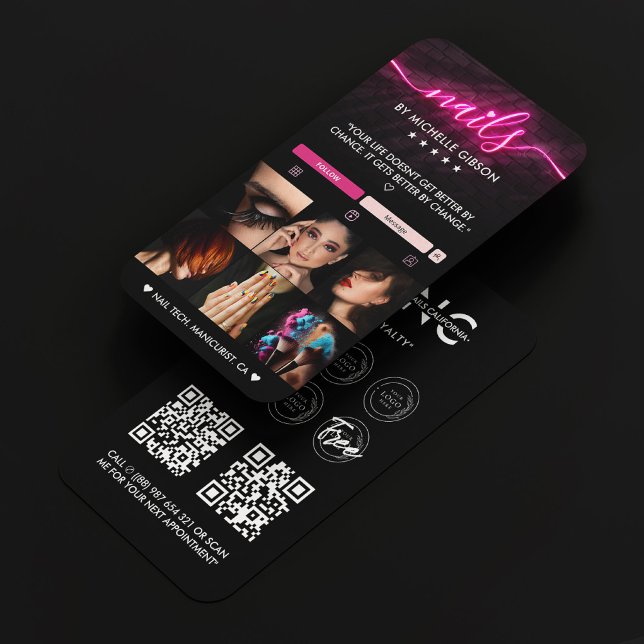 Cartão De Visita Manicurista do artista Nail Tech Black Pink Nail N (Nail Tech Black Pink Neon Nail Artist Manicurist Business Card
)