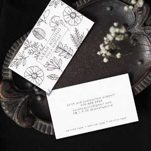 Cartão De Visita Mão Desenhada Dodle Floral Doula White Birth Coach
