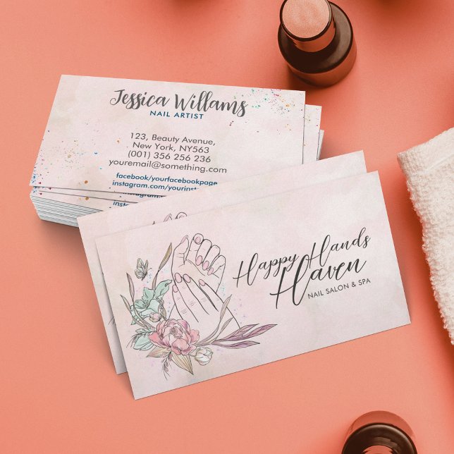 Cartão De Visita Mãos e Flores de Manicure - Aquarela (Criador carregado)