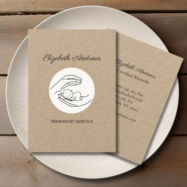 Cartão De Visita Mãos segurando um bebê branco ponto simples modern (Hands holding a baby -white dot-simpel-modern kraft paper business card)
