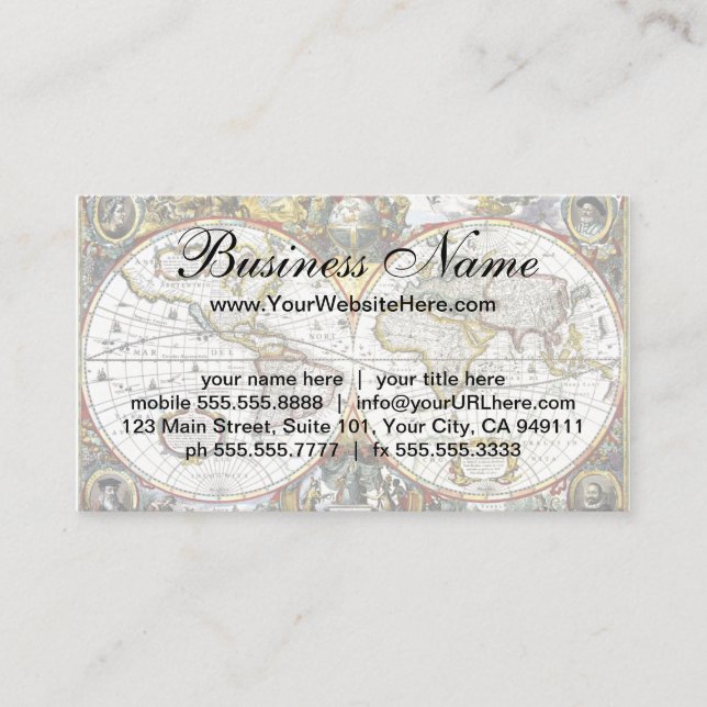 Cartão De Visita Mapa antigo do mundo por Hendrik Hondius, 1630 (Frente)